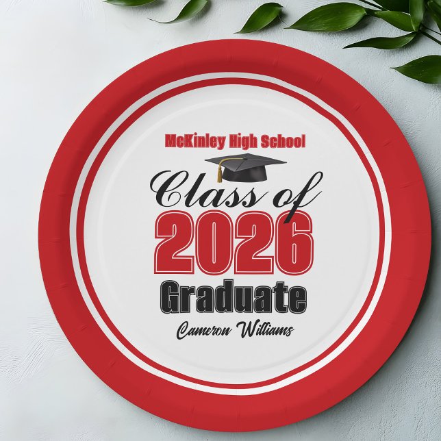 Personalized Red Class of 2026 Graduation Party Paper Plate (Creator Uploaded)