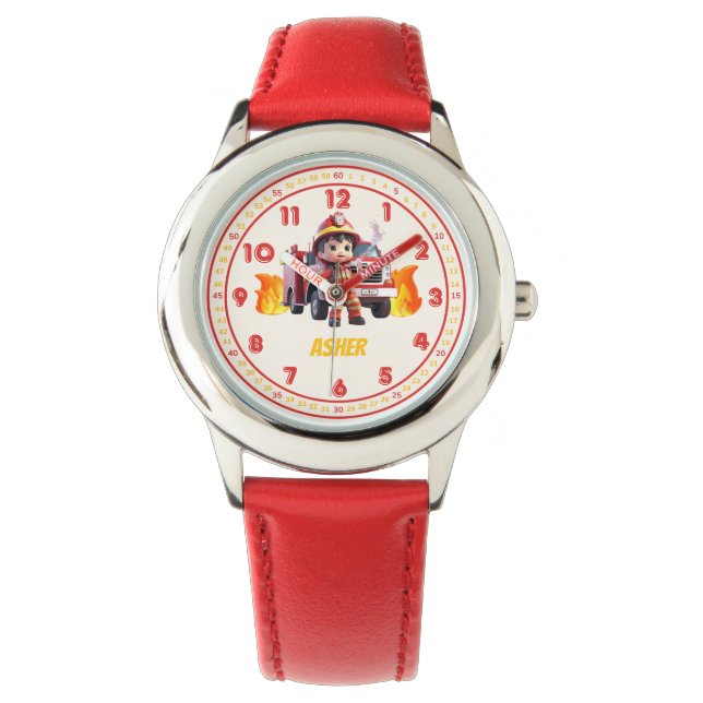 Personalized Red Cute Boy Firefighter Kids Watch (Front)