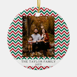 Personalized Red Green Chevron Christmas Photo Ceramic Tree Decoration