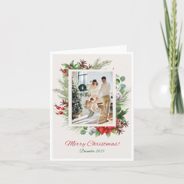 Personalized Red & Green Floral Christmas Card  (Front)