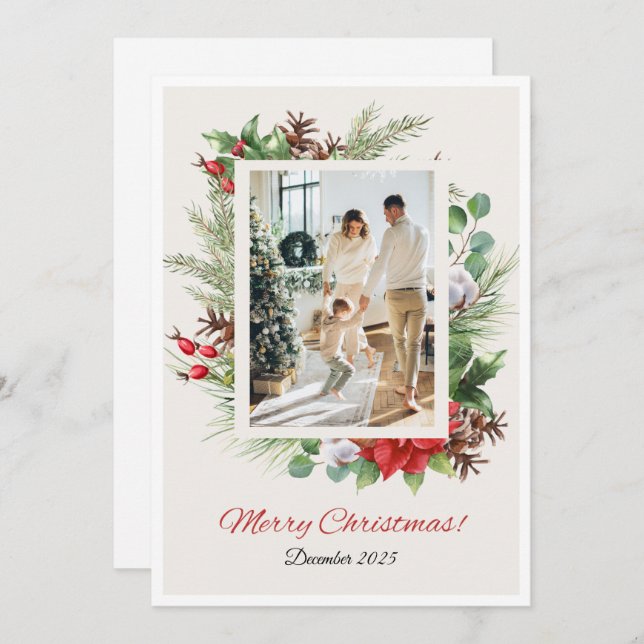 Personalized Red & Green Floral Christmas Card  (Front/Back)