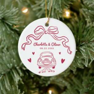 Personalized Red Hand Drawn Whimsical Bow Wedding Ceramic Tree Decoration