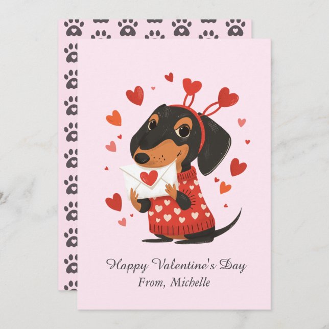 Personalized Red Hearts Dachshund Valentine's Day  Holiday Card (Front/Back)