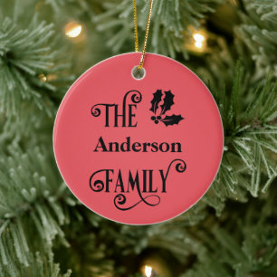Personalized Red Holly Family Names Christmas Ceramic Tree Decoration