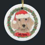 Personalized Red Long Haired Dachshund Christmas Ceramic Tree Decoration<br><div class="desc">Make the nice list this year with a personalized Christmas ornament of your sweet red long haired dachshund santa elf! For the sweetest gifts,  pair it with a matching art print or another item from my collection!</div>