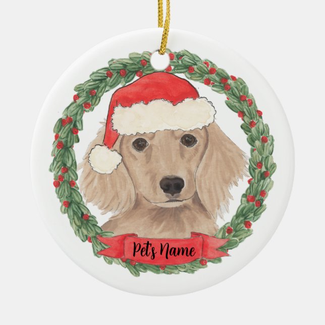 Personalized Red Long Haired Dachshund Christmas Ceramic Tree Decoration (Front)