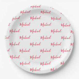 Personalized Red Name Script  Paper Plate