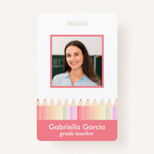 Personalized Red Pink Rainbow School Teacher ID ID Badge