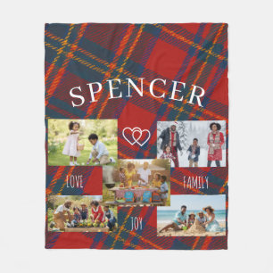 Personalized Red Plaid Tartan Family Photo Fleece Blanket