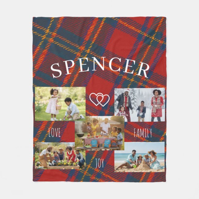 Personalized Red Plaid Tartan Family Photo Fleece Blanket (Front)