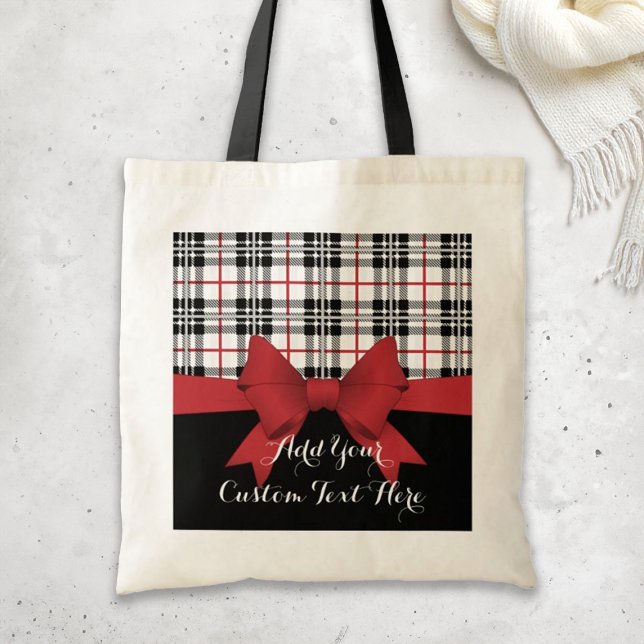 Personalized Red Ribbon and Tartan Plaid Tote Bag (Creator Uploaded)