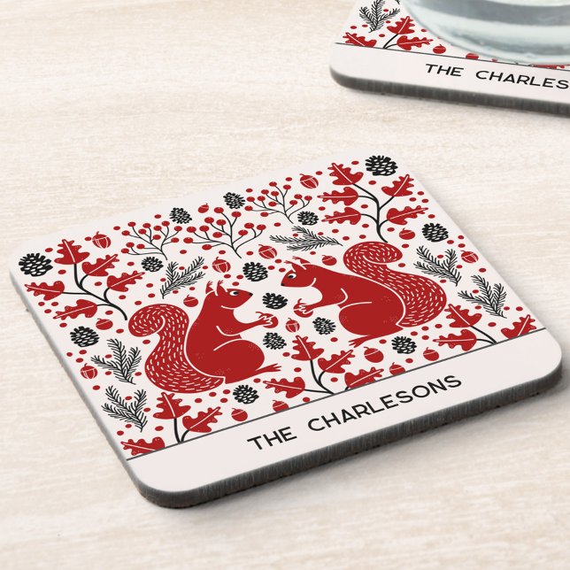 Personalized Red Squirrels in the Forest Coaster (Fun personalized name squirrell in the forest art coaster)