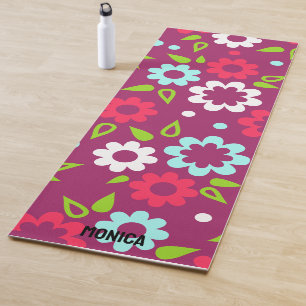 Personalized Red White Colorful Floral Custom Name Yoga Mat