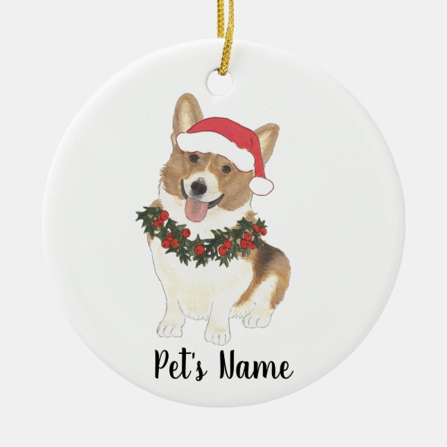 Personalized Red & White Corgi Christmas Ceramic Tree Decoration (Front)