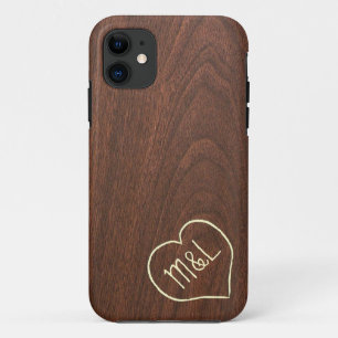 Personalized Red Wood Texture w/ heart & initials iPhone 11 Case