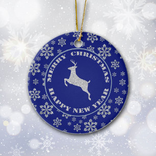 Personalized Reindeer on Blue Ceramic Tree Decoration
