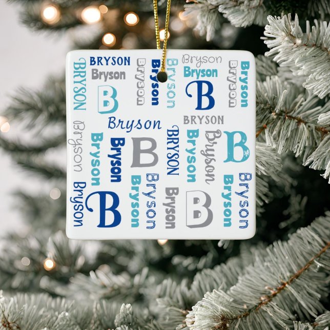 Personalized Repeating Name Navy Blue Gray Ceramic Ornament (Creator Uploaded)