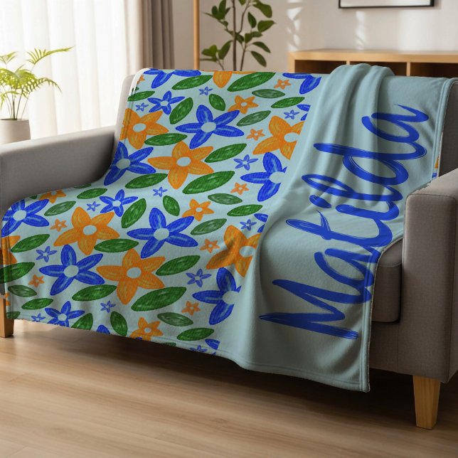 Personalized Retro Blue & Orange Floral  Fleece Blanket (Creator Uploaded)