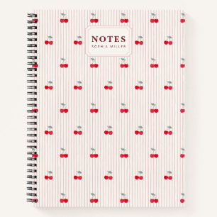 Personalized Retro Cherry & Pinstripe Red & Cream Notebook