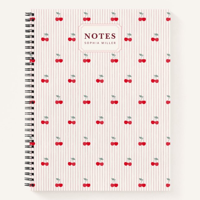 Personalized Retro Cherry & Pinstripe Red & Cream Notebook (Front)