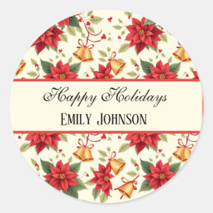 Personalized Retro Christmas Floral Stationery Classic Round Sticker