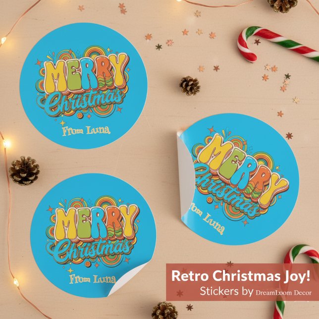 Personalized Retro Christmas Groovy Name  Classic Round Sticker (Creator Uploaded)