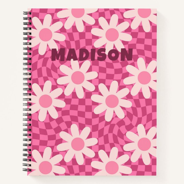 Personalized Retro Groovy Pink Daisy Flower Hippie Notebook (Front)