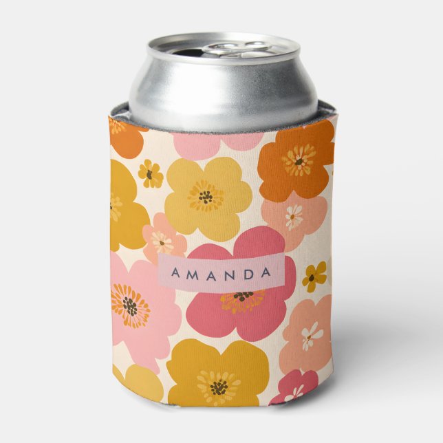Personalized Retro Mustard and Pink Floral Blooms  Can Cooler (Can Front)