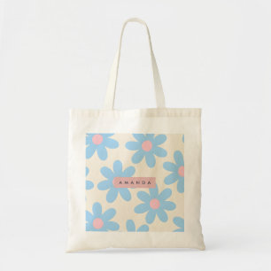 Personalized Retro Pastel Blue Daisy Floral Tote Bag
