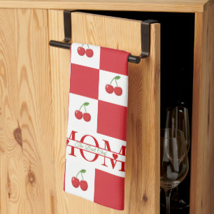 Personalized Retro Red Cherry & Gingham Checkered  Tea Towel