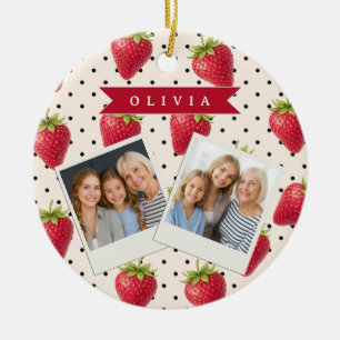 Personalized Retro Strawberry Polka Dot Vintage Ceramic Tree Decoration