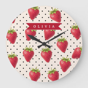 Personalized Retro Strawberry Polka Dot Vintage Large Clock