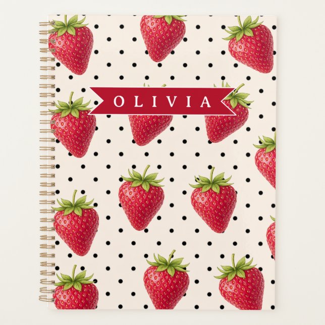 Personalized Retro Strawberry Polka Dot Vintage Planner (Front)