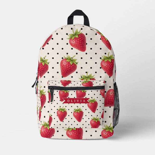 Personalized Retro Strawberry Polka Dot Vintage Printed Backpack (Front)