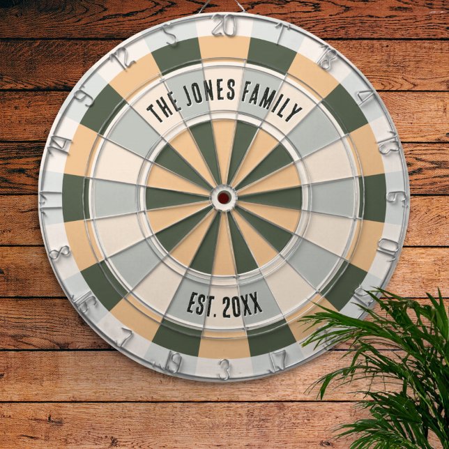 Personalized Retro Warm Tone Family Name Design Dartboard (A retro dartboard in green, sand and white colors, personalized with family name and "est." year)