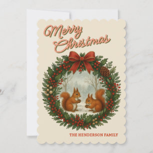 Personalized Retro Wreath With Cute Squirrels Holiday Card