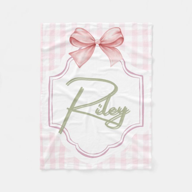 Personalized Riley Baby Girl Nursery Bow&Gingham  Fleece Blanket (Front)