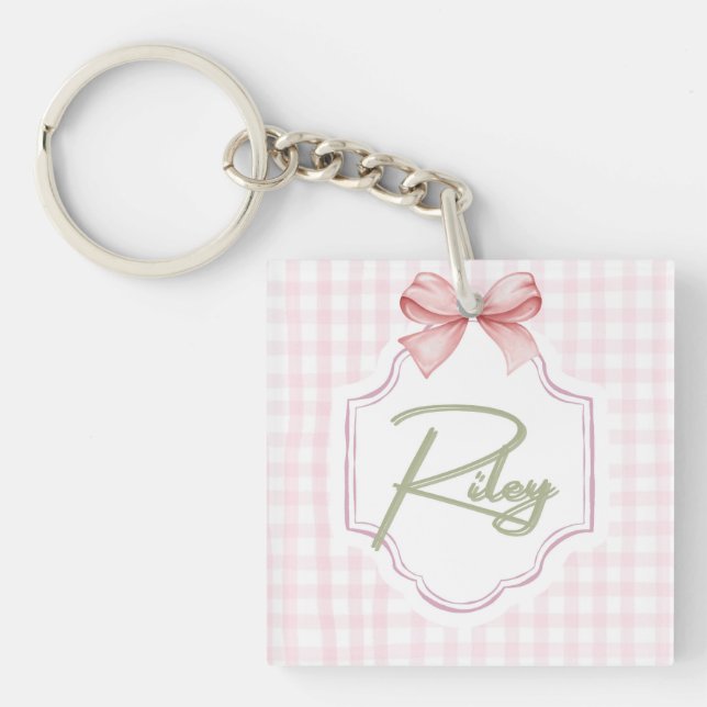 Personalized Riley Baby Girl Nursery Bow&Gingham  Key Ring (Front)