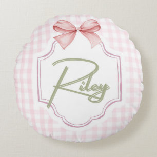 Personalized Riley Baby Girl Nursery Bow&Gingham Round Cushion