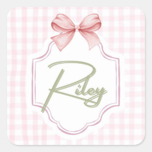Personalized Riley Baby Girl Nursery Bow&Gingham  Square Sticker