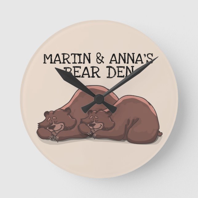 PERSONALIZED ROMANTIC GRIZZLY BEAR DEN ROUND CLOCK (Front)