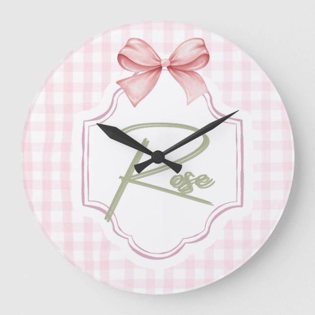Personalized Rose Baby Girl Nursery Bow&Gingham Large Clock (Front)