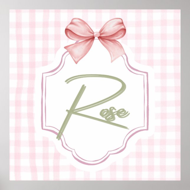 Personalized Rose Baby Girl Nursery Bow&Gingham Poster (Front)