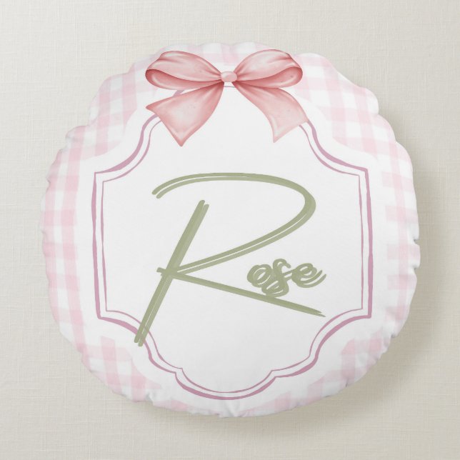 Personalized Rose Baby Girl Nursery Bow&Gingham Round Cushion (Front)
