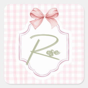 Personalized Rose Baby Girl Nursery Bow&Gingham Square Sticker