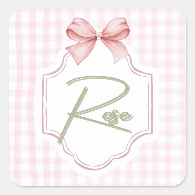 Personalized Rose Baby Girl Nursery Bow&Gingham Square Sticker (Front)