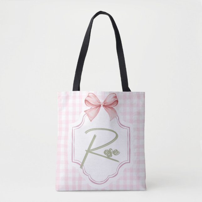 Personalized Rose Baby Girl Nursery Bow&Gingham Tote Bag (Front)