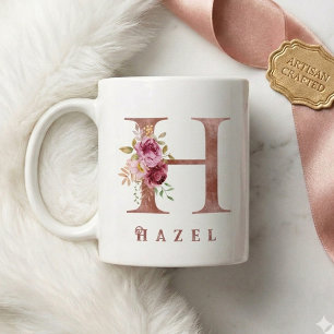 Personalized Rose Gold Floral Letter H Monogram Coffee Mug