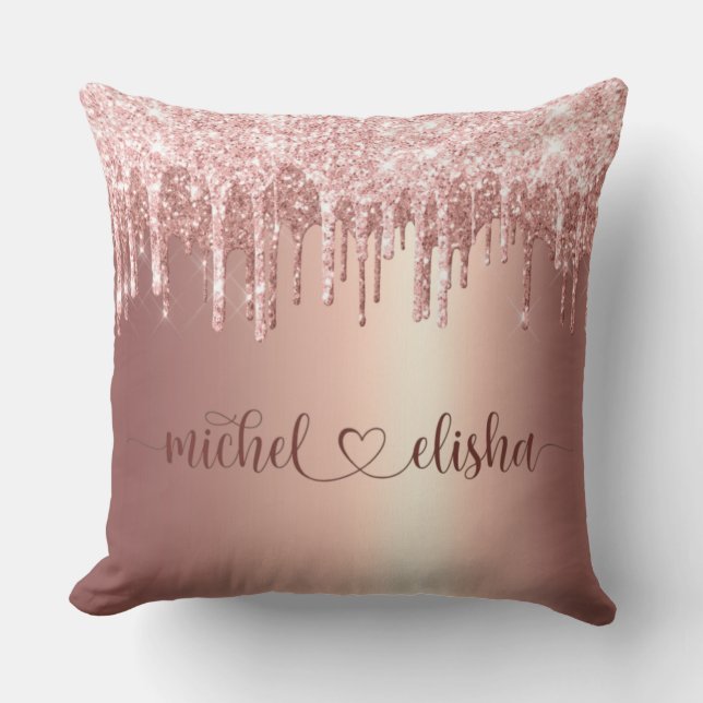 Personalized Rose Gold Glitter Drip Couple Names Cushion (Front)
