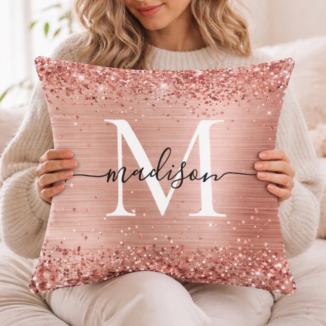 Personalized Rose Gold Glitter Monogram Throw Pill Cushion (Creator Uploaded)